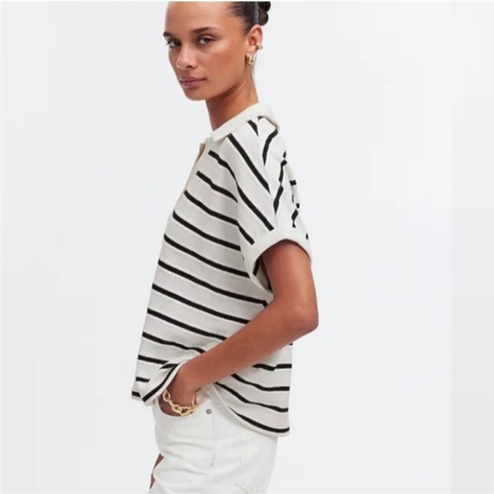 Madewell Striped Short Sleeve Polo Sweater - Picture 3 of 11